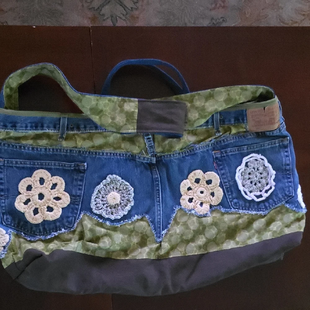HAND CRAFTED Possible Bag UPCYCLED Blue Denim Jean Crochet Floral 29 X17 Inch - Picture 10 of 15